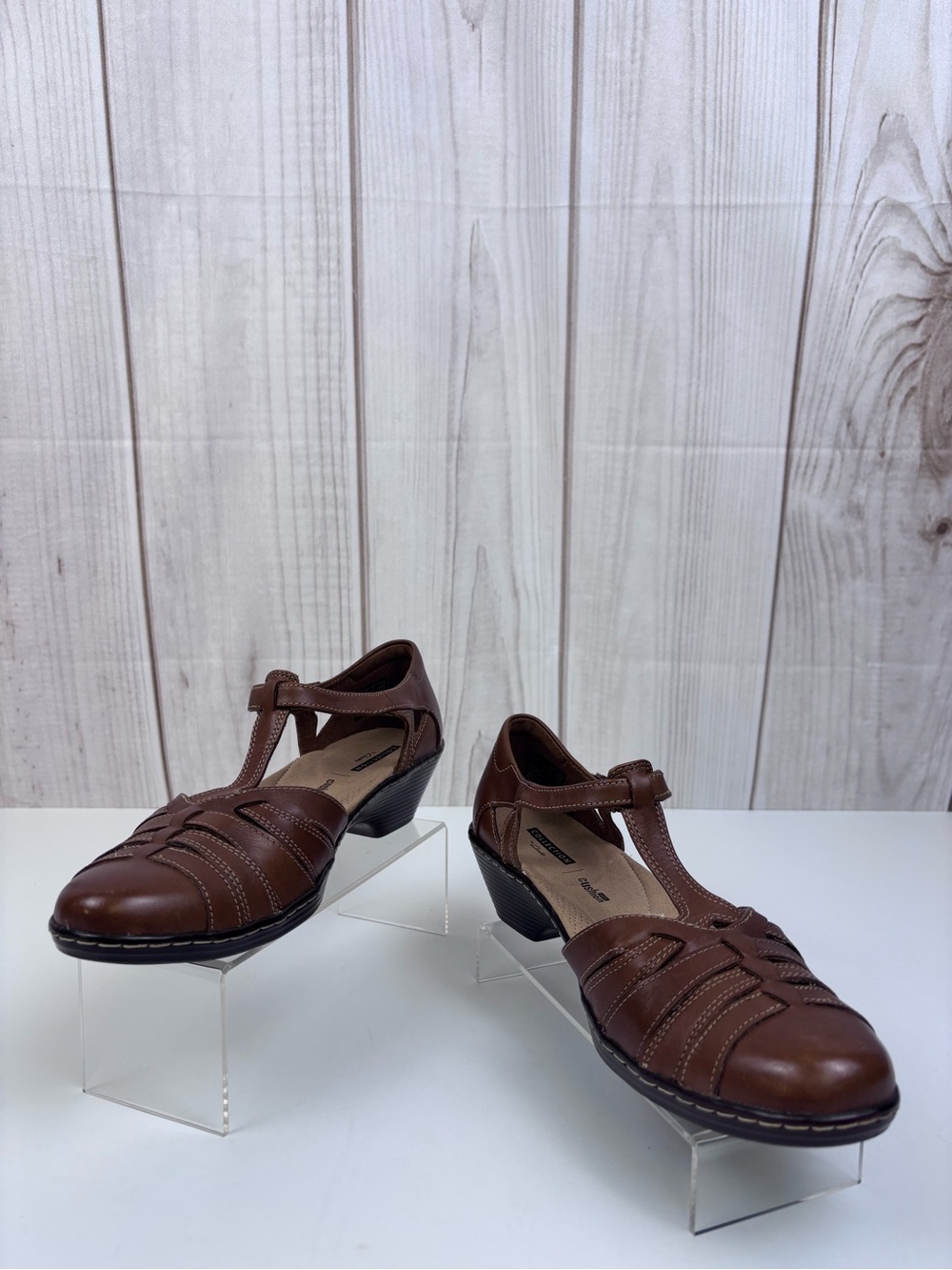 Clarks Wendy Alto Leather Shoes T-Strap Low Wedge Casual Dress Shoe Brown Sz 10 - Picture 4 of 14